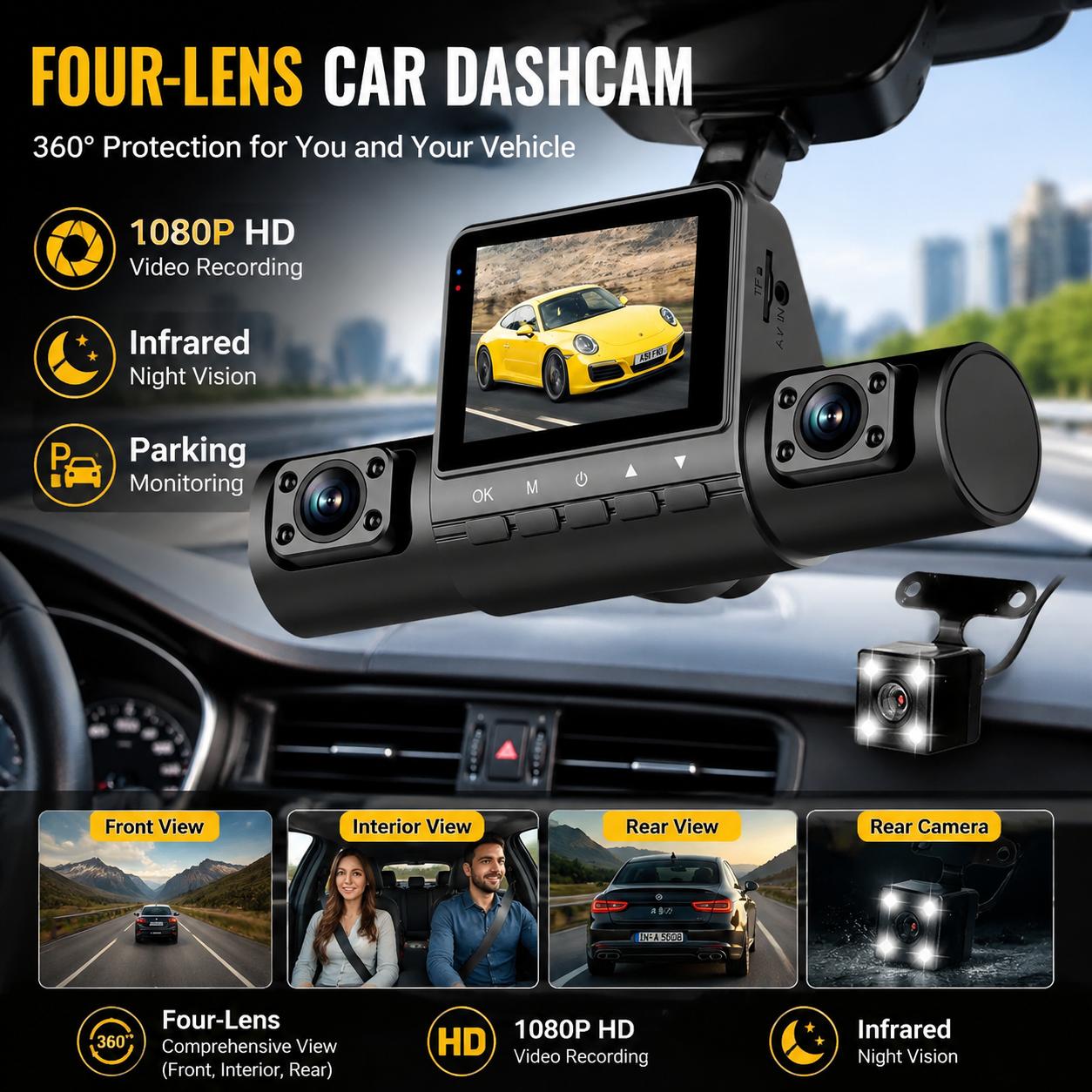 4 Lens Dash Cam 1080P Full HD  - Panoramic Dash Cam 360 ulasan dan harga